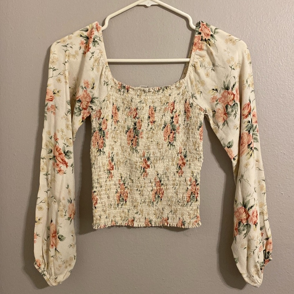 Cream & Pink Square Neck On/Off Shoulder Blouse (XS)